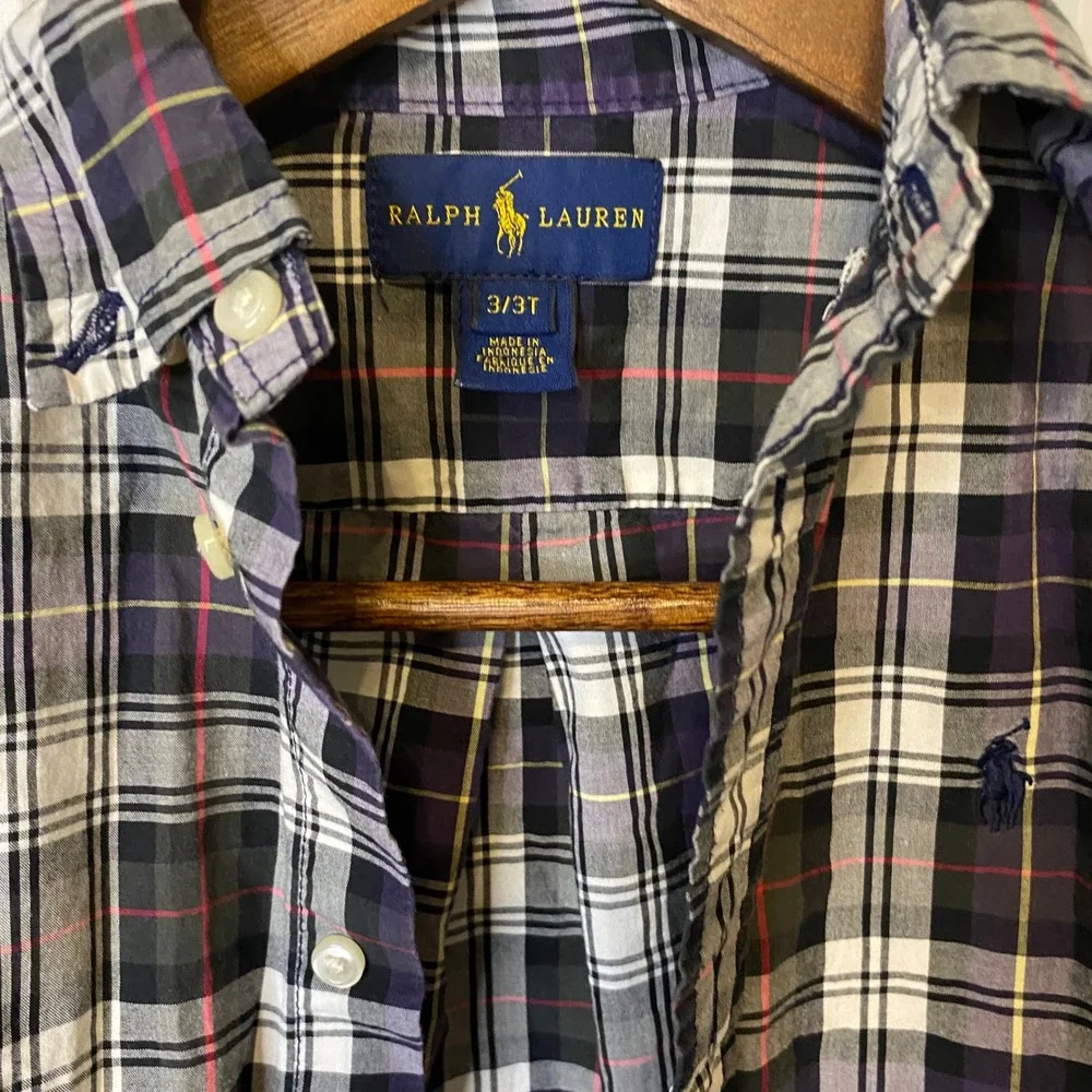 Ralph Lauren Toddler Boys Purple Black Plaid Button Down Shirt 3T Long Sleeve
